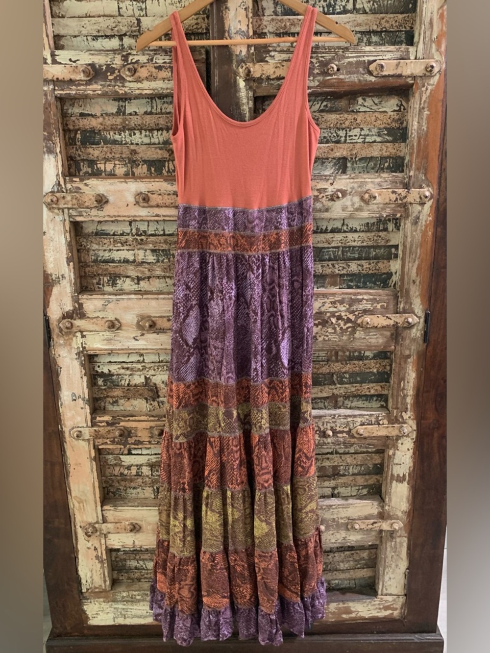 Anthropologie Colima Colorful Tiered Snakeprint Boho Maxi Dress, Coral Purple XS